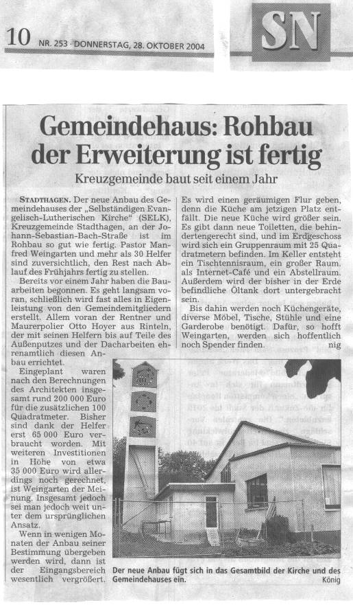 Artikel in den Schaumburger Nachrichten vom 28.10.2004